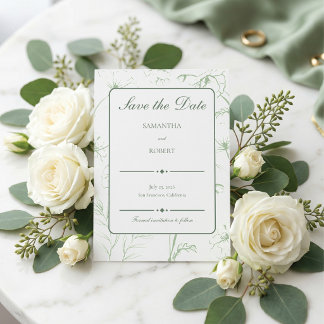 Elegant Sage Green Floral Line Art Wedding Save The Date