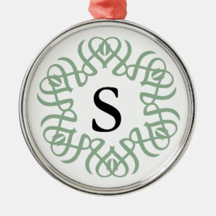 Elegant Sage Green Floral Monogram Family Metal Ornament
