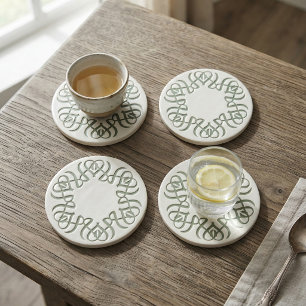Elegant Sage Green Floral Monogram Family Round Paper Coaster