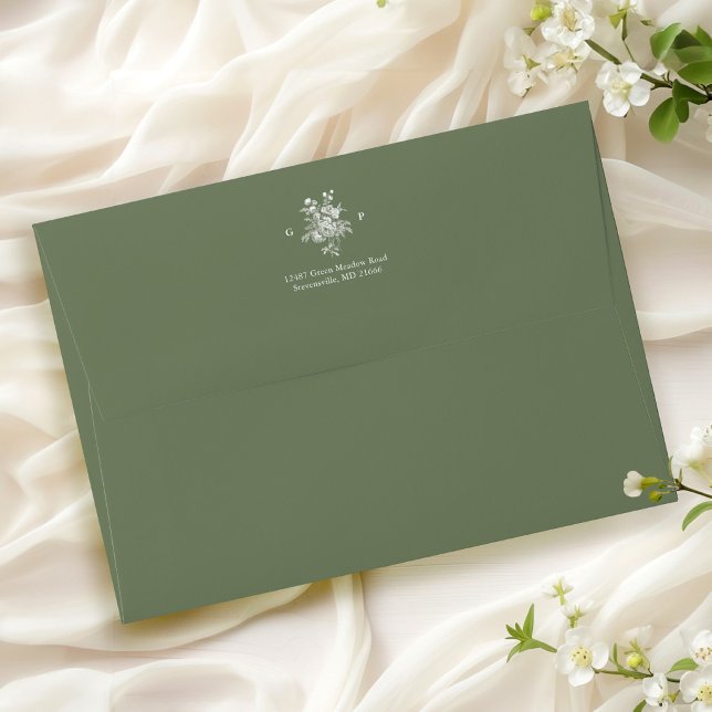 Elegant Sage Green Floral Monogram Wedding Envelope (Creator Uploaded)