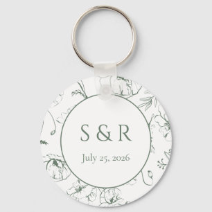 Elegant Sage Green Floral Monogram Wedding Favour Keychain