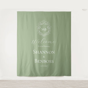 Elegant Sage Green Floral Monogram Wedding Welcome Tapestry
