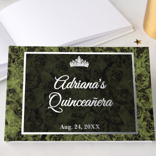 Elegant Sage Green Floral Quinceanera Silver Guest Book