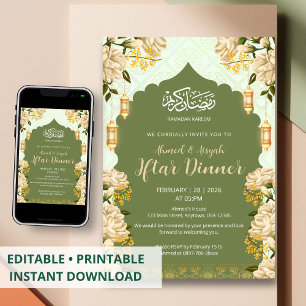 Elegant Sage Green Floral Ramadan Kareem Iftar Invitation