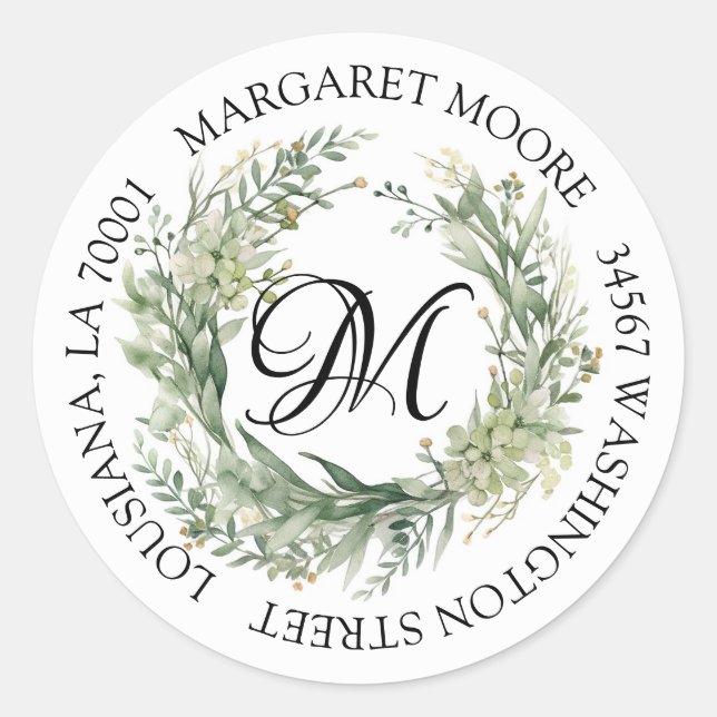 Elegant Sage Green Floral Script Monogram Address Classic Round Sticker (Front)