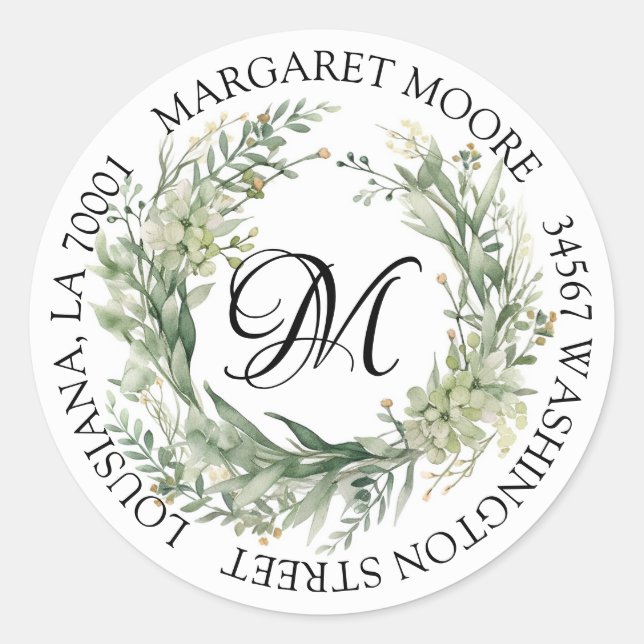 Elegant Sage Green Floral Script Monogram Address Classic Round Sticker (Front)
