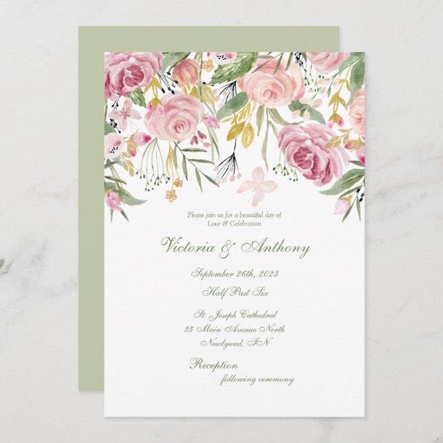 Elegant Sage Green Floral Script Wedding Invitation (Front/Back)