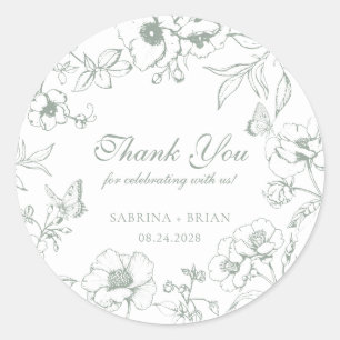 Elegant Sage Green Floral Wedding Thank You Classic Round Sticker