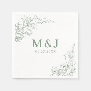 Elegant Sage Green Floral Wreath Monogram Wedding Napkin