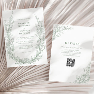 Elegant Sage Green Floral Wreath QR Code Wedding Invitation