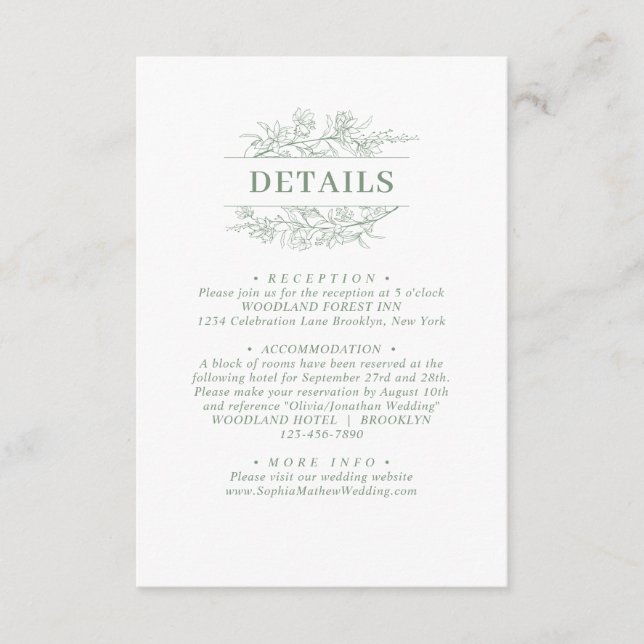 Elegant Sage Green Floral Wreath Wedding Details Enclosure Card (Front)