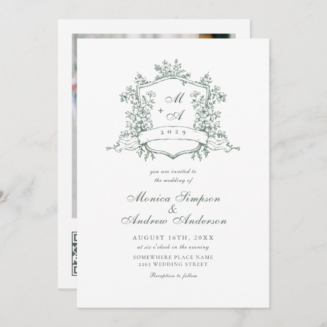 Elegant Sage Green French Garden Wedding QR code Invitation (Front/Back)
