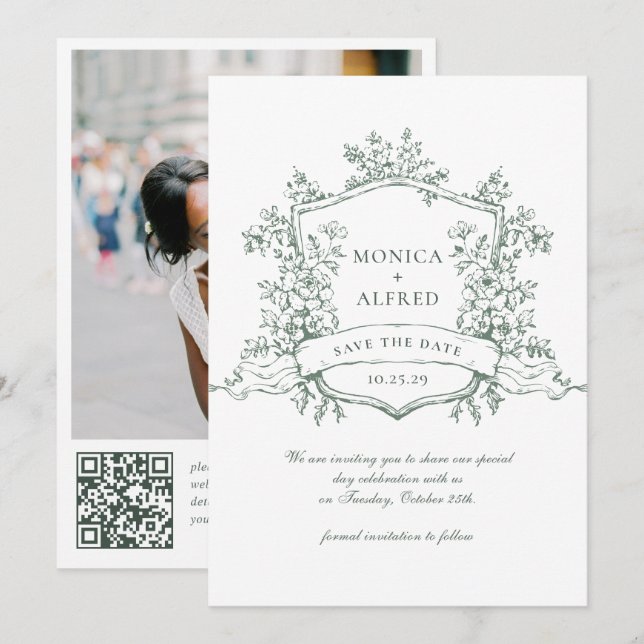 Elegant Sage Green French Garden Wedding QR code Save The Date (Front/Back)