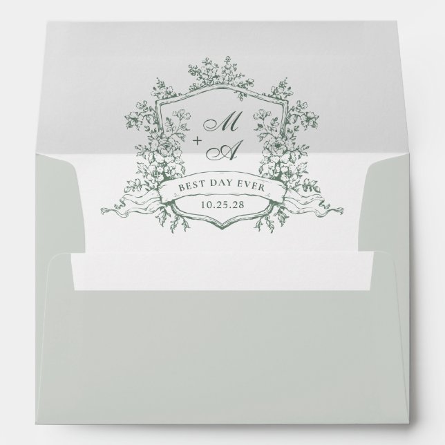 Elegant Sage Green French Toile Wedding Flowers Envelope (Back (Bottom))
