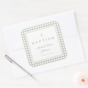 Elegant Sage Green Gingham Boy Baptism Square Sticker