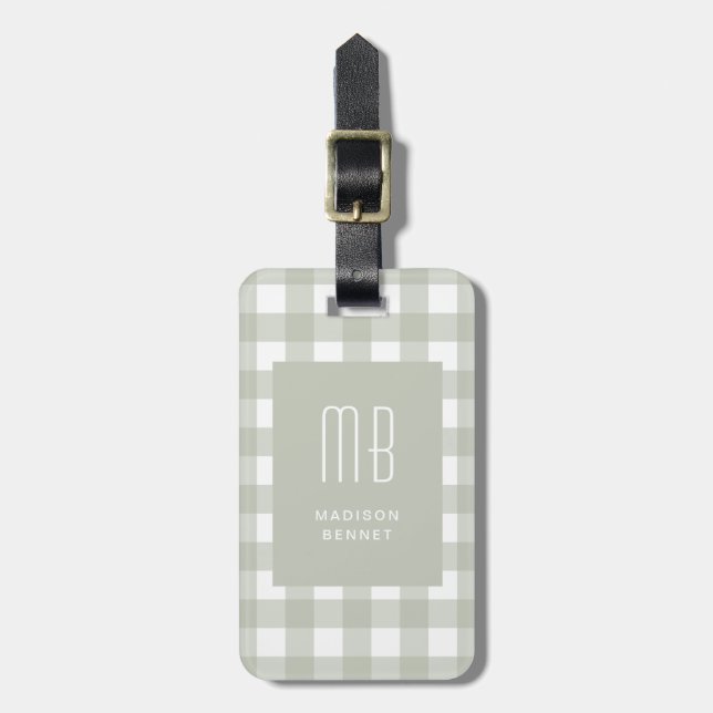 Elegant Sage Green Gingham Monogram Luggage Tag (Front Vertical)