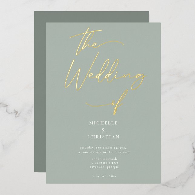 Elegant Sage Green Gold Calligraphy Script Wedding (Front/Back)
