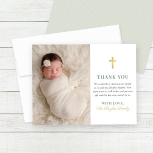 Elegant Sage Green Gold Cross Baptism Photo Thank You Card