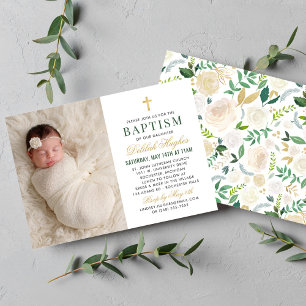 Elegant Sage Green Gold Floral Photo Baptism Invitation