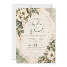 Elegant Sage Green & Gold Floral Wedding Invitatio