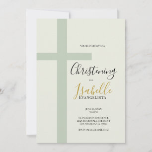 Elegant Sage Green Gold Minimal Cross Christening Invitation