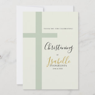 Elegant Sage Green Gold Minimal Cross Christening Thank You Card