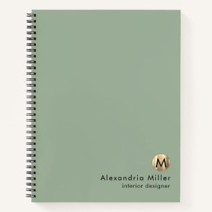 Elegant Sage Green Gold Monogram Notebook