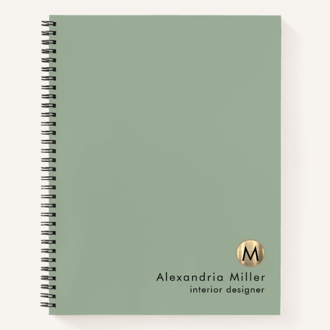 Elegant Sage Green Gold Monogram Notebook (Front)