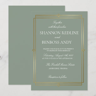 Elegant Sage Green & Gold Monogram Wedding Invitation