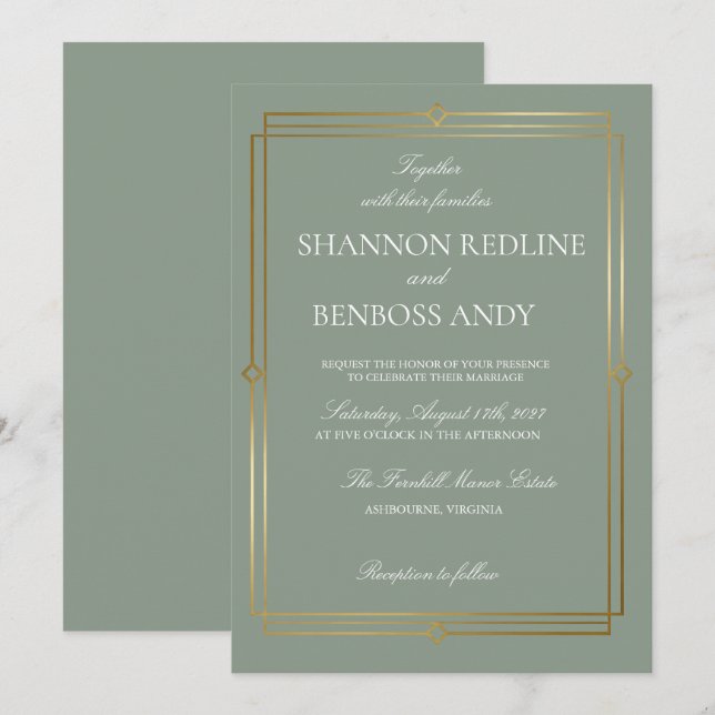 Elegant Sage Green & Gold Monogram Wedding Invitation (Front/Back)