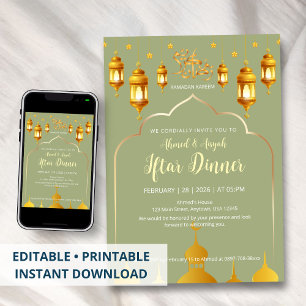 Elegant Sage Green & Gold Mosque Arch Iftar Invitation