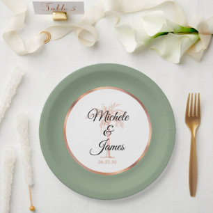 Elegant Sage Green Gold Palm Tree Tropical Wedding Paper Plate