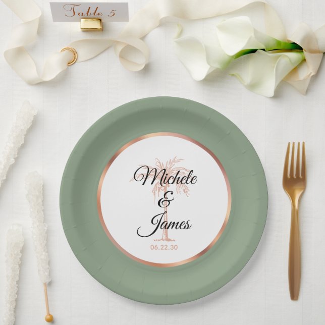 Elegant Sage Green Gold Palm Tree Tropical Wedding Paper Plate (Wedding)