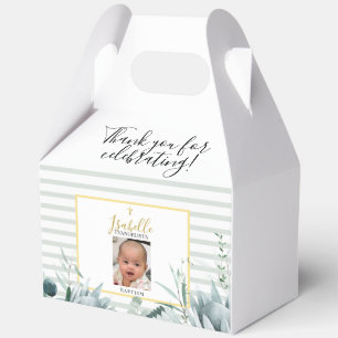 Elegant Sage Green Gold Photo Baptism Favor Box