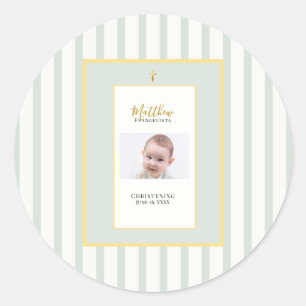Elegant Sage Green Gold Photo Christening Classic Round Sticker