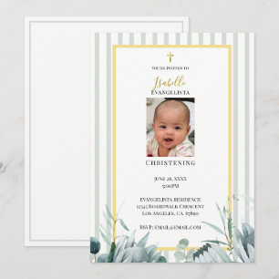 Elegant Sage Green Gold Photo Christening Invitation