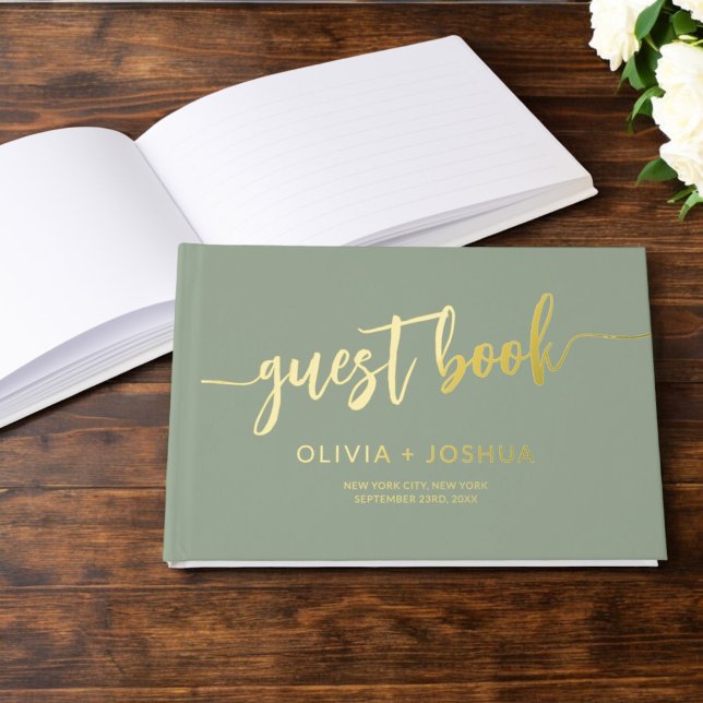 Elegant Sage Green Gold Photo Minimalist Guest Book (Creator Uploaded)