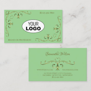 Elegant Sage Green Golden Ornate Corners with Logo Business Card