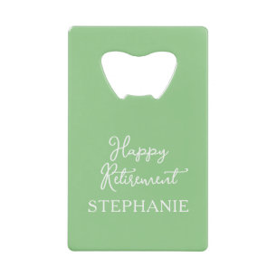 Elegant Sage Green Happy Retirement Party Credit Card Bottle Opener