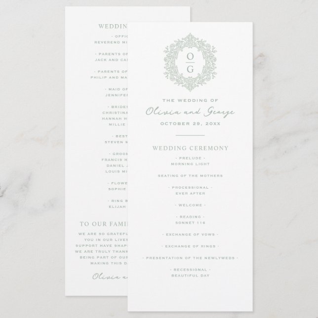 Elegant Sage Green Heirloom Wedding Program (Front/Back)
