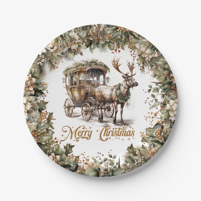 Elegant sage green holly faux gold Reindeer sleigh Paper Plate (Front)