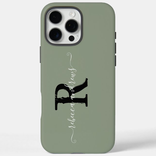 Elegant Sage Green Initals Monogram Script Name  Case-Mate iPhone Case (Back)