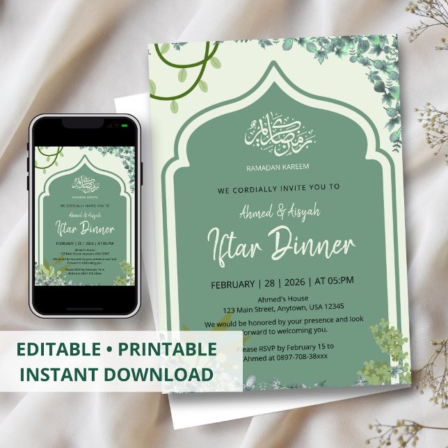 Elegant Sage Green Islamic Arched Iftar Dinner Invitation (Creator Uploaded)