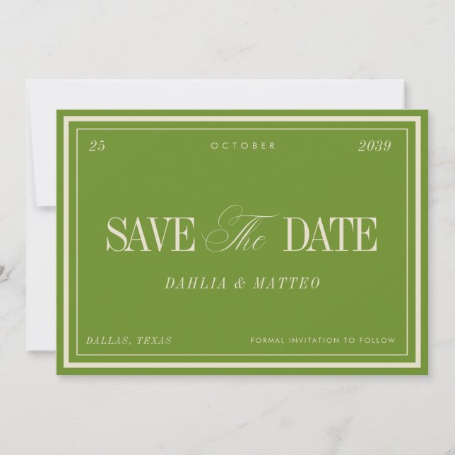 Elegant Sage Green & Ivory Vintage Retro Wedding Save The Date (Front)