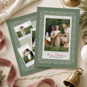 Elegant Sage Green Lace Border Photo Holiday Card