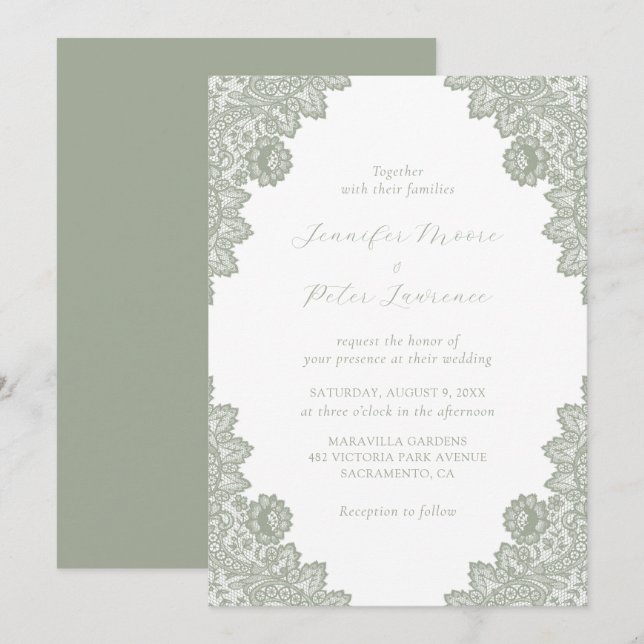 Elegant Sage Green Lace Wedding Invitation (Front/Back)