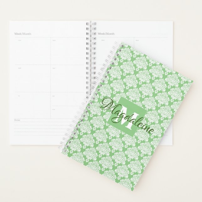 Elegant Sage Green Lacy Damask Name & Initial Planner (Display)