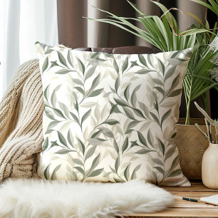 Elegant Sage Green Leaves Pattern Throw Pillow