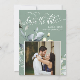 Elegant Sage Green Leaves QR Code Photo Wedding Save The Date