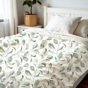 Elegant Sage Green Leaves Watercolor Pattern Fleece Blanket